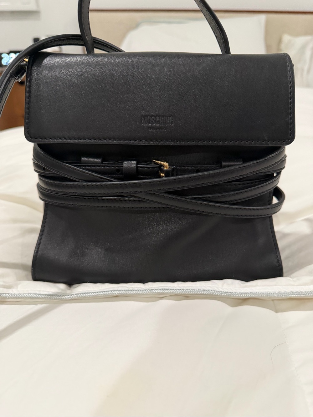 Moschino Black Leather Small Crossbody Bag with Wrapped Strap Detail